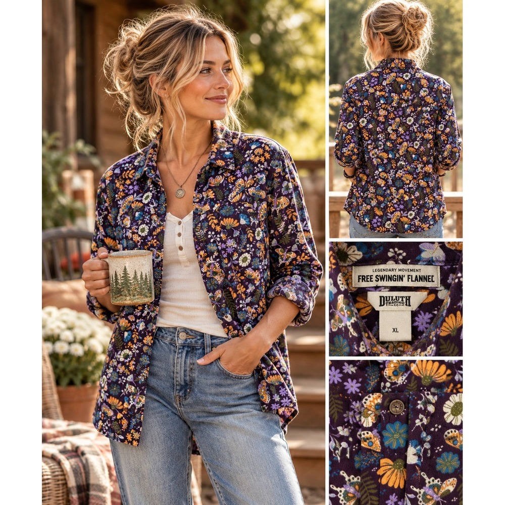 Duluth Trading Free Swingin Flannel Shirt XL Butterfly Floral Purple Cotton